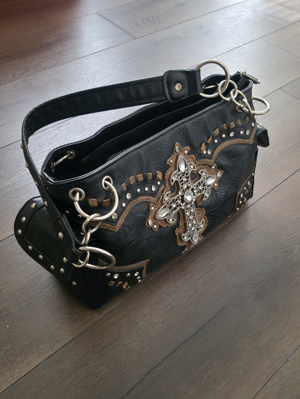 Vintage Black Shoulder Bag with Brown Trim & Jeweled Cross